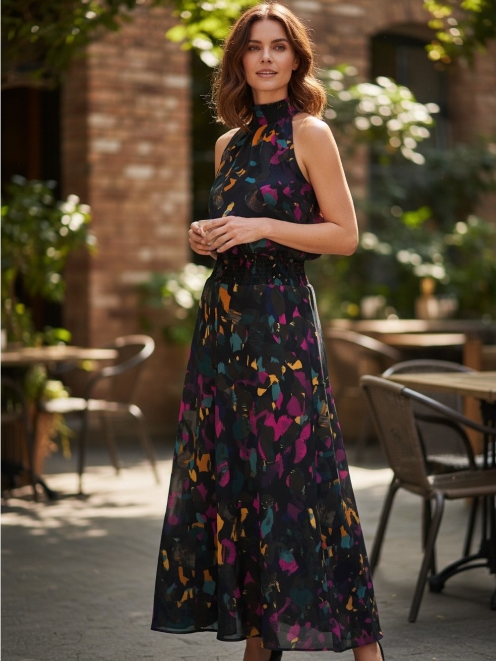 Peyton Jensen Abstract Print Smocked Halter Midi Dress Size M